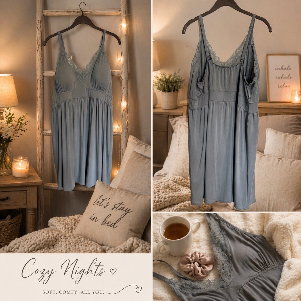 NWT Knix Soft & Cozy Modal Nightgown Blue Grey Lace Trim Built-in Support XXXXL